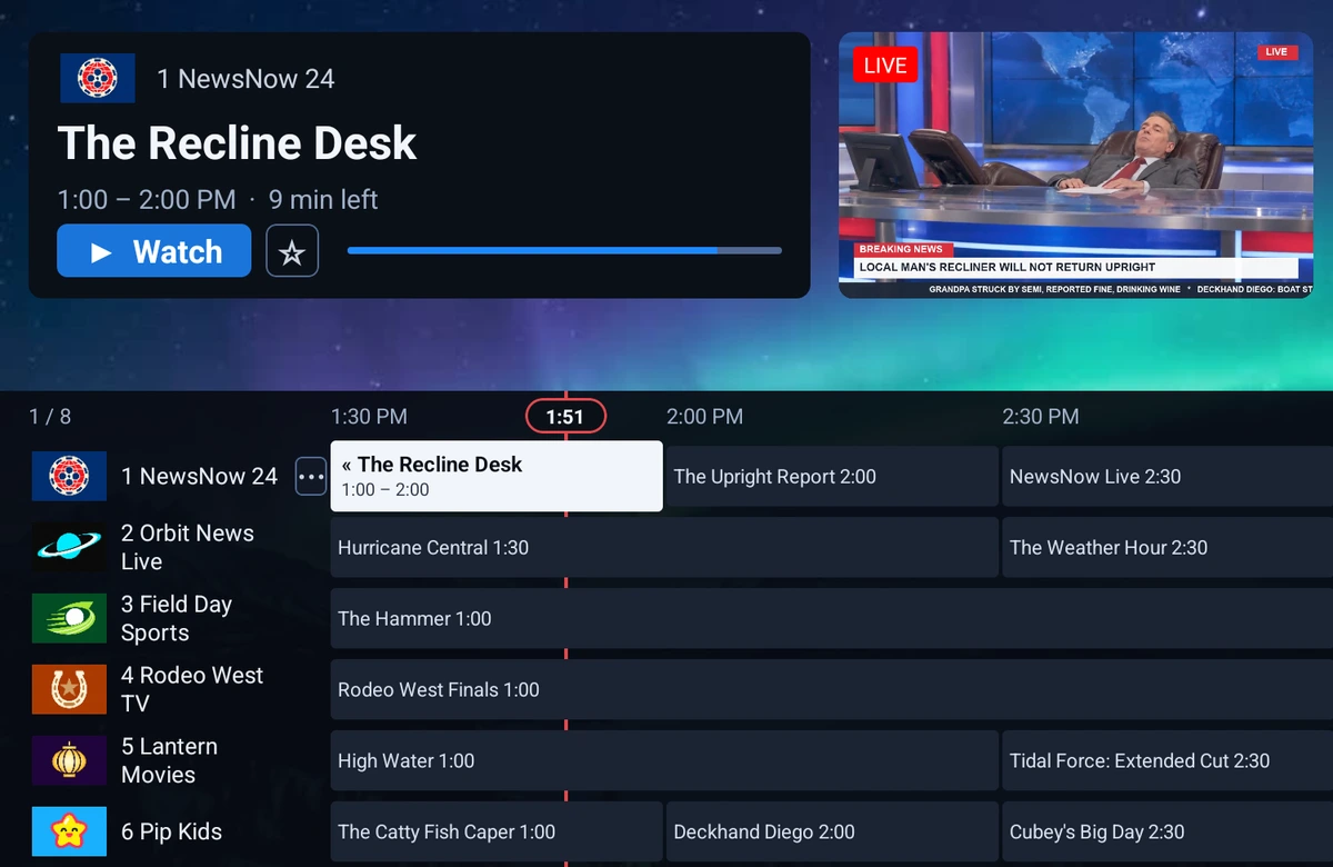 The Recliner guide: what is on now above a live preview, and the channel schedule below it.